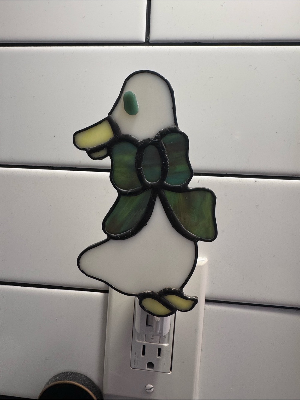 Handmade Stained Glass Duck Night Light - Green Bow